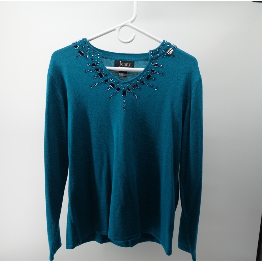 Jenny Womens Teal Blue Beaded V-Neck Sweater Rhinestone Embellished Acrylic L